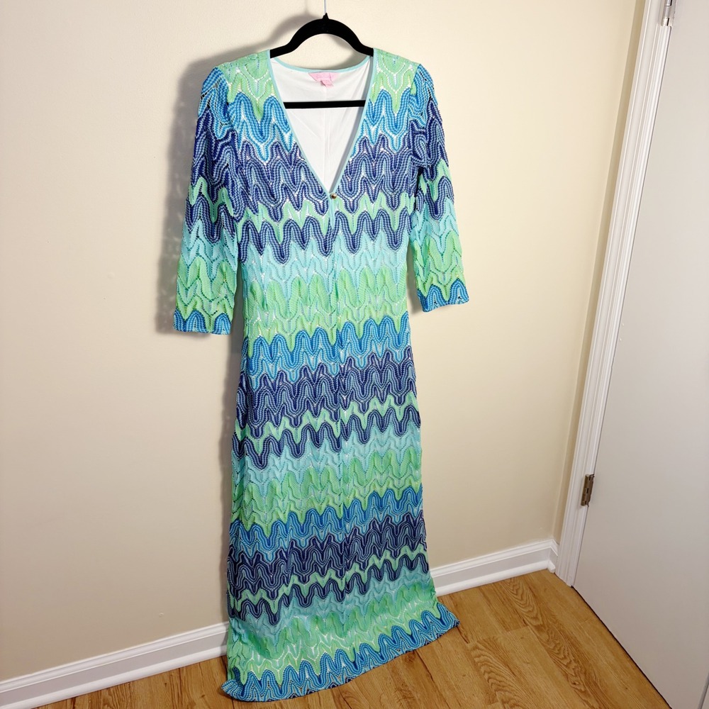 Lilly Pulitzer Dress S Blue Green Chevron Crochet Lace Maxi 3/4 Sleeve V-Neck - Picture 3 of 8